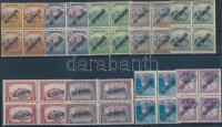Debrecen I. 1919 9 Köztársaság felülnyomású bélyeg négyes tömbökben (76.000) / Mi 43, 45, 46, 49-51, 53a, 59a, 60  blocks of 4. Signed: Bodor, Flasch