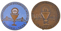 1938. 'XXXIV. Nemzetközi Eucharisztikus Kongresszus Budapest' 2db fém jelvény, egyik zománcozott, hátoldalán 'TÖRV. VÉD.' jelzéssel, másik Madarassy Walter szignóval (22,5mm) T:2