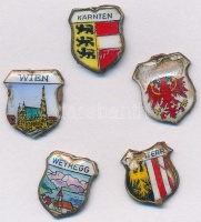 Ausztria DN 5db klf tűzzománcozott, jelzett Ag jelvény osztrák városokról és tartományokról (1g/0.800) T:2,2- zománchiba
Austria ND 5pcs of diff enamelled, marked Ag badges about Austrian cities and states (1g/0.800) C:XF,VF enamell error