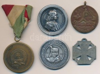 5db-os vegyes magyar érem és kitüntetés tétel, közte ~1930. 'Magyar Kerékpáros Szövetség' Br érem mellszalagon (38mm), DN 'II. Rákóczi Ferenc' fém lemezérem (38mm) T:vegyes