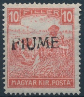 Fiume 1918 Fehérszámú Arató 10f kézi felülnyomással (20.000) / Mi 6 with manual overprint. Signed: Bodor
