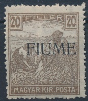 Fiume 1918 Arató 20f kézi felülnyomással, a felülnyomat gépszínátnyomatával (50.000) / Mi 14 manual overprint, with machine offset. Signed: Bodor