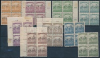 Fiume 1918 Arató 9 klf érték gépi felülnyomással négyestömbökben  (51.600) / Harvester 9 different blocks of 4 with machine overprint. Signed: Bodor