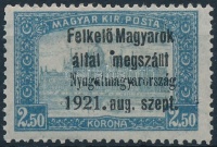 Nyugat-Magyarország I. 1921 Parlament 2,50K hármaslyukasztással (45.000) / Mi 9 with 3-hole punching. Signed: Bodor