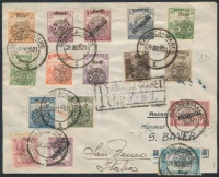 Nagyvárad 1921 Ajánlott levél 16 db különféle bélyeggel Olaszországba / Registered cover franked with 16 different stamps to Italy. Signed: Bodor