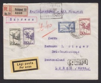 1927 Expressz ajánlott légi levél Lorchba 'BUDAPEST-MÜNCHEN' légi irányító bélyegzéssel 8hajtóka hiányzik) / Registered express airmail cover to Lorch, Württemberg with 'BUDAPEST-MÜNCHEN' airmail cancellation
