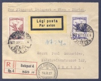 1927 Ajánlott légi levél Svájcba 'BUDAPEST-ZÜRICH' légi irányító bélyegzéssel / Registered airmail cover to Switzerland with 'BUDAPEST-ZURICH' airmail cancellation