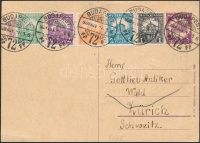 1928 Levelezőlap Svájcba 5 színű díjkiegészítéssel / Postcard to Switzerland with 5 colour additional franking