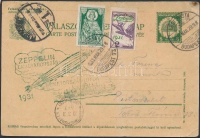 1931 Zeppelin magyarországi útja válaszos díjjegyes levelezőlap Zeppelin 2P bélyeggel, Budapest - Friedrichshafen repüléssel / Zeppelin flight to Hungary, Mi 479 on PS-postcard with Budapest - Friedrichshafen flight