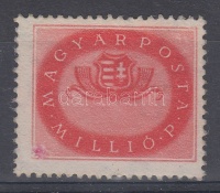 1946 Milliós 1millió P értékszám nélkül (240.000) (betapadásnyom elöl a bal alsó sarokban - ez javítva van - ill enyhe betapadás hátul / gum disturbance, missing red in the corner left below - repaired)