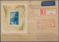 1949 Lánchíd II blokk ajánlott légi levelezőlapon Németország szovjet zónába / Mi block 13 on registered airmail postcard to Germany Soviet zone