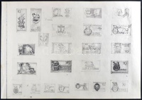 ~1960 Légrády Sándor a római olimpiára készített, 24 db bélyegtervet bemutató vázlatfüzet lapja (34.5 x 24 cm), a grafit skiccek képi, formai és tipográfiai változatokat mutatnak be, egyedülálló darab! / A page of a scetchbook of