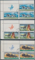 1968 Hortobágy sor 3 bélyegzett és 1 bal felső szelvényt tartalmazó ívsarki négyes tömbökben, RITKA!  /  Mi 2423-2431 in corner blocks of 4 (3 stamps + 1 tab)