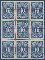1925 Portó Mi 26 kilences tömb eltolódott + több fordított felülnyomással / Postage due Mi 26 block of 9 with shifted + more inverted overprints
