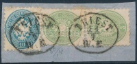 1864 2x3kr + 10kr kivágáson 'TRIEST'