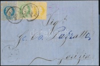 ~1870 2sld + 3sld + 10sld három színű bérmentesítés levélen / 3 colour fraking on cover 'CONSTANTINOPEL' - 'NABRESINA' - 'GÖRZ' (címezés kiegészítve / address with different ink completed) Certificate: Ferchenbauer
