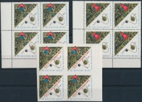 1966 Űrhajózás nap sor ívsarki 4-es tömbökben + felülnyomott változata vágott 4-es tömbben Mi 3205-3206 + 3204