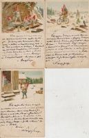 Törpés karácsonyi levelezőlapok, rajtuk kézzel írt mesével 1900-ból, 3 db.