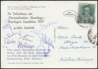 1959 Az osztrák Himalaya Expedíció hegymászó tagjai által aláírt képeslap / 1959 Autograph signed postcard of the climber members of the Austrian Himalaya Expedition.