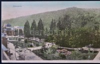 Bártfafürdő, Bardejovské kúpele; Főforrás tér, Erzsébet királyné forrás, Deák szálloda, kiadja Divald Adolf, panoráma lap / square, spring, hotel, panorama card (non PC) (fa)