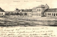 Aranyosmarót, Zlate Moravce; Erzsébet tér, takarékpénztér, megyeház, törvényszék, Eisenberg Károly üzlete,  / Elisabeth Square