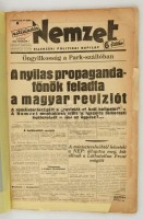 1938 Nemzet Ellenzéki Politikai Napilap, 1938. február 1.- 23., II. évfolyam 25.-43 számok, Szerk.: Dr. Berényi Sándor, egybekötve, viseltes papírkötésben, a 25 szám rosz állapotban, a 43. szám utolsó lapja hiányzik, a többi szám