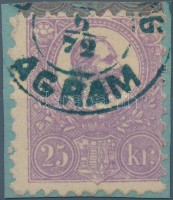 1871 Kőnyomat 25kr intenzív sötétlila postautalvány kivágáson, kék 'AGRAM' szép, olvasható bélyegzéssel RR! (80.000)