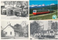6 db MODERN megíratlan vonat motívumos képeslap: vasútállomások, MÁV lepsényi gazdasági vasút, lillafüredi erdei vasút, ceglédi kisvasút, Tátra, Tokió, Osztrák Államvasutak mozdonya / 6 MODERN unused motive cards, trains,