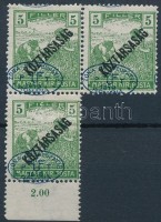 Debrecen I. 1919 Arató/Köztársaság 5f hármas összefüggésben elcsúszott felülnyomással, Bodor vizsgálójellel (2.400)