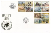 Bécs, Genf, New York 1993 Veszélyeztetett állatok 3 klf négyestömb Mi 143-146, 227-230, 644-647 FDC-n