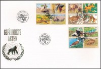 Bécs, Genf, New York 1995 Veszélyeztetett állatok 3 klf négyestömb Mi 180-183, 263-266, 681-684 FDC-n