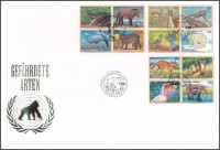 Bécs, Genf, New York 1997 Veszélyeztetett állatok (V) 3 klf négyestömb Mi 222-225, 305-308, 732-735 FDC-n