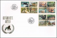 Bécs, Genf, New York 2000 Veszélyeztetett állatok (VIII) 3 klf négyestömb Mi 303-306, 385-388, 831-834 FDC-n