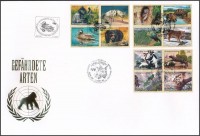 Bécs, Genf, New York 2001 Veszélyeztetett állatok (IX) 3 klf négyestömb Mi 327-330, 409-412, 856-859 FDC-n