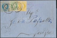 ~1870 2sld + 3sld + 10sld három színű bérmentesítés levélen / 3 colour fraking on cover 'CONSTANTINOPEL' - 'NABRESINA' - 'GÖRZ' (címezés kiegészítve / address with different ink completed) Certificate: Ferchenbauer