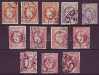 1868 3 x Mi 17 + 2 x Mi 18 + 7 x Mi 20 típusok, lemezhibák, színváltozatok, bélyegzések / types, plate flaws, colour shades, cancellations