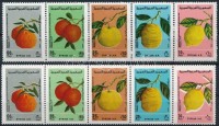 1977 Gyümölcs sor ötöscsíkban a 10P értéken a rózsaszín alapnyomat jelentős lefelé csúszásával + támpéldány ötöscsík Mi 1367-1371 / Mi 1371 shifted rose colour