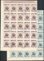 1955 Bartók Béla zöld és barna 1Ft hajtott teljes ívek, bennük az ismert lemezhibák (~20.940)