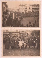 1938 Beregszász, magyar katonák bevonulása, 2 db fotó, hátoldalon magyar és csehszlovák bélyegekkel, felülbélyegzéssel, 6×9 cm