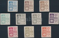 1900 Háry Gy. Korona-fillér bélyegtervének nyomata 10 klf színben. Rendkívül ritka! / Proofs of Gy. Háry in 10 different colours. Very rare!