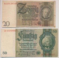 Német 3. Birodalom 1929. 20M + 1933. 50M T:III kis szakadás
German Third Reich 1929. 20 Mark + 1933. 50 Mark C:F small tear
Krause 181, 182