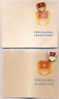1977. 'Törzsgárda 25' zománcozott fém jelvény, viselésre jogosító igazolvánnyal + 1982. 'Törzsgárda 30' zománcozott fém jelvény, viselésre jogosító igazolvánnyal, mindkettő a Magyar Néphadsereg polgári alkalmazottja számára