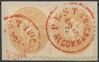 1864 2 db 15kr egy kivágáson piros 'PEST / RECOMMANDIRT' bélyegzéssel R!