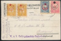 1917 Levelezőlap török bélyegekkel 'FELDPOST MIL. MISSION JERUSALEM' + 'K.u.K. Gebirghaubitz - Batterie' - Budapest