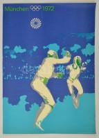 1972 Otl Aicher( 1922-1991): Müncheni Olimpia plakátja, vívás, litografált,  sarkainál rajzszög ütötte lyukakkal, 84x59 cm / 1972 Munich Olympics: fencing lithograph poster, pinholes