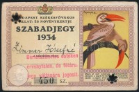 1934 Budapest Székesfőváros Állat- és Növénykertje által kiadott szabadjegy, litho illusztrációval