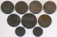 9db-os vegyes külföldi réz- és bronzpénz tétel, közte Ausztria 1859A 1kr Cu; Franciaország / Második Császárság 1855D 5c Br 'III. Napóleon'; Románia 1882B 5b Cu T:2-,3 ü.
9pcs of various bronze and copper coins, including Austria