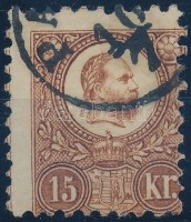 1871 Réznyomat 15kr rézvörös színű képbe fogazott bélyeg, szép darab (400.000) katalógus ára nem tükrözi ritkaságát RRR! / Engraved 15kr copper red Mi 12c, nice piece with strongly shifted perforation (with an extremely low catalogue