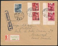 1945 Cenzúrás ajánlott levél Nagyváradról Bukarestbe Nagyvárad bélyegekkel és típusösszefüggésekkel bérmentesítve, hátoldalán átmenő és érkezési bélyegzések. Rendkívül ritka darab!!