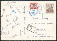 1966 Az Újpesti Dózsa lebdarúgócsapat tagjai által aláírt képeslap Bánkuti, Dunai, Zámbó, Tóth, Tajti, Varga, Juhász.